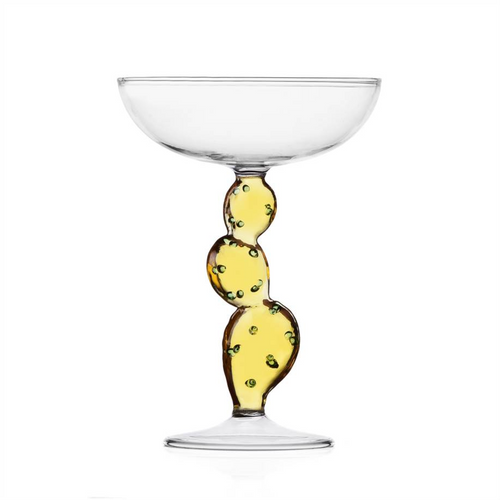 Ichendorf Milano Desert Glass Cactus coupe glass with a yellow and green paddle cactus shaped stem