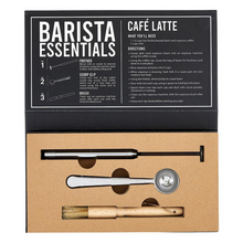Load image into Gallery viewer, Barista Essentials gift box featuring a cafe latte recipe card and coffee accessories: frother, brush, and bag clip 
