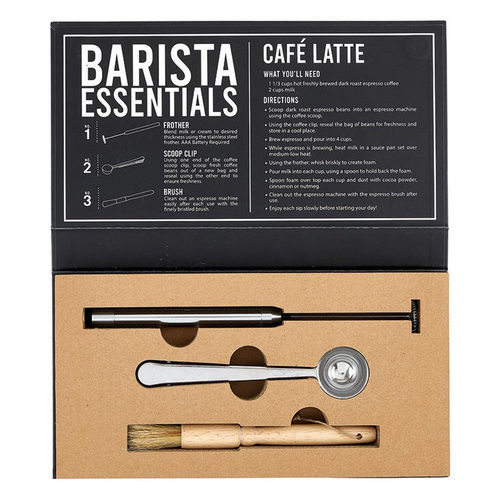 Barista Essentials gift box featuring a cafe latte recipe card and coffee accessories: frother, brush, and bag clip 
