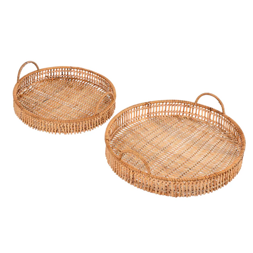 Two hand-woven rattan trays, one large, one small against a white background
