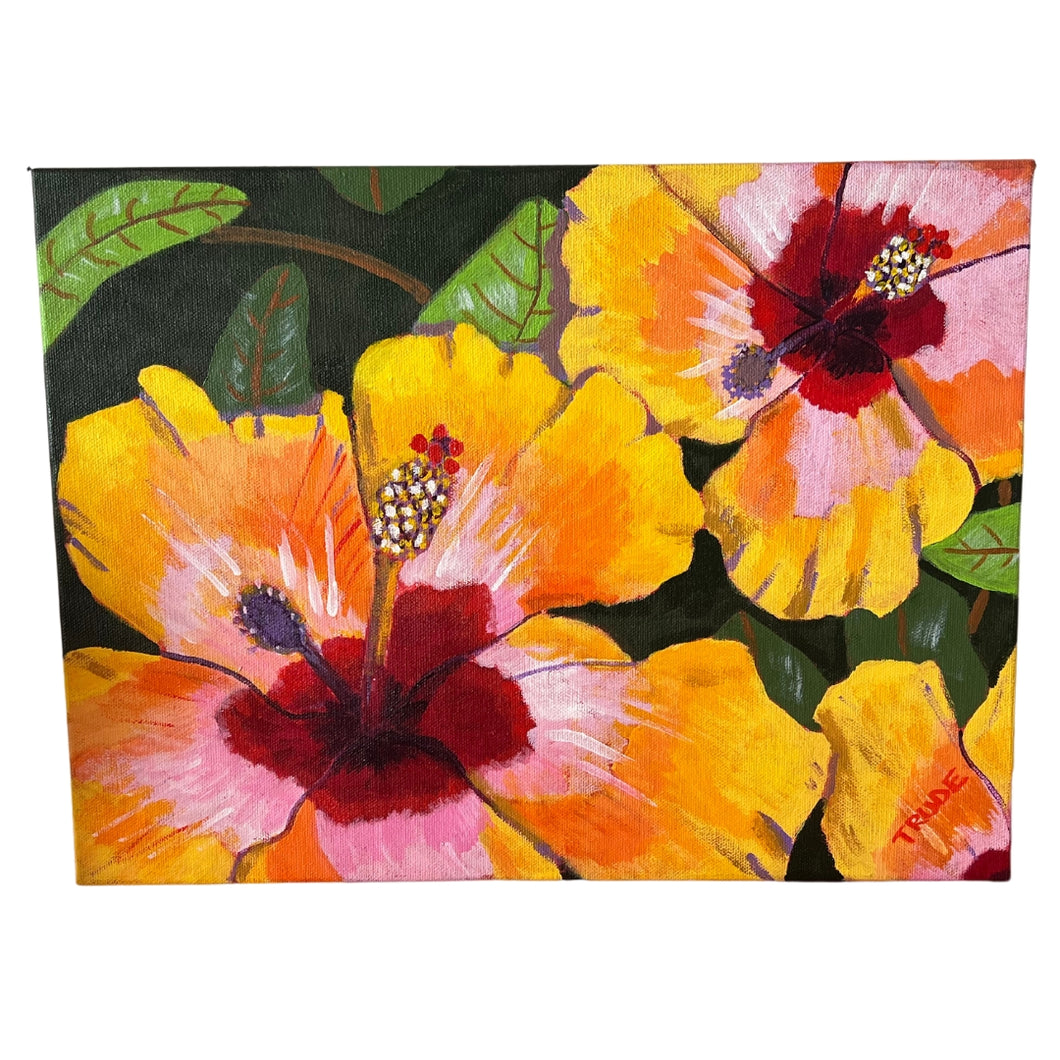 Trudy Oberg - Yellow and Pink Hibiscus - Acrylic on Canvas. Two yellow and pink hibiscus on a background of green leaves