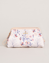 Load image into Gallery viewer,  A small toiletry bag with a beautiful floral pattern in shades of pinks and blues
